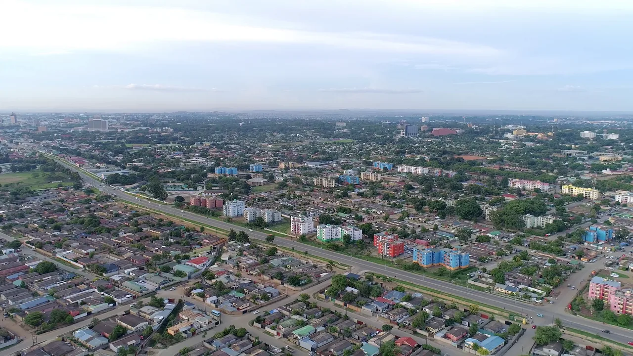 An aerial view across Lusaka, Zambia, showing the city and its roads